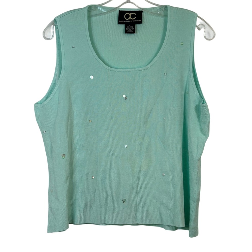 American Classics Anne Bowen Mint Green Sequin Ribbed Knit‎ Sleeveless Top Large